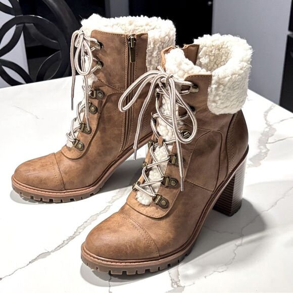 Nine West | Penni Women’s Brown Sherpa Lined Faux Leather Ankle Boots - Size 8.5 - Picture 1 of 15